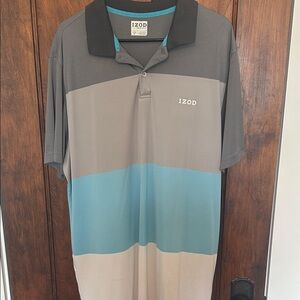 Izod Men's Polo Shirt with Gray, Blue, and Black Stripes